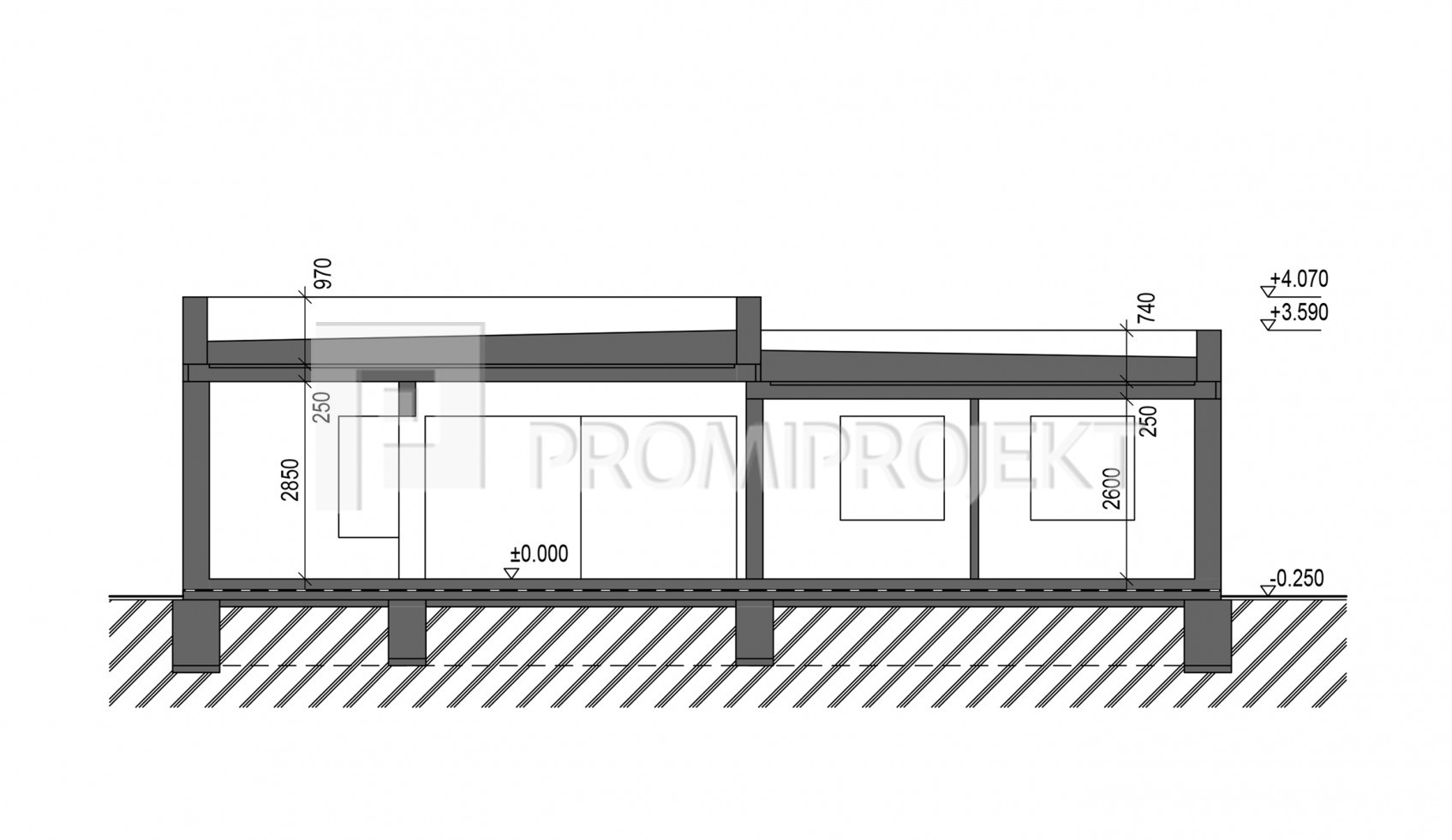 bungalov s dvojgarážou Linear 318, rez 1, Promiproje